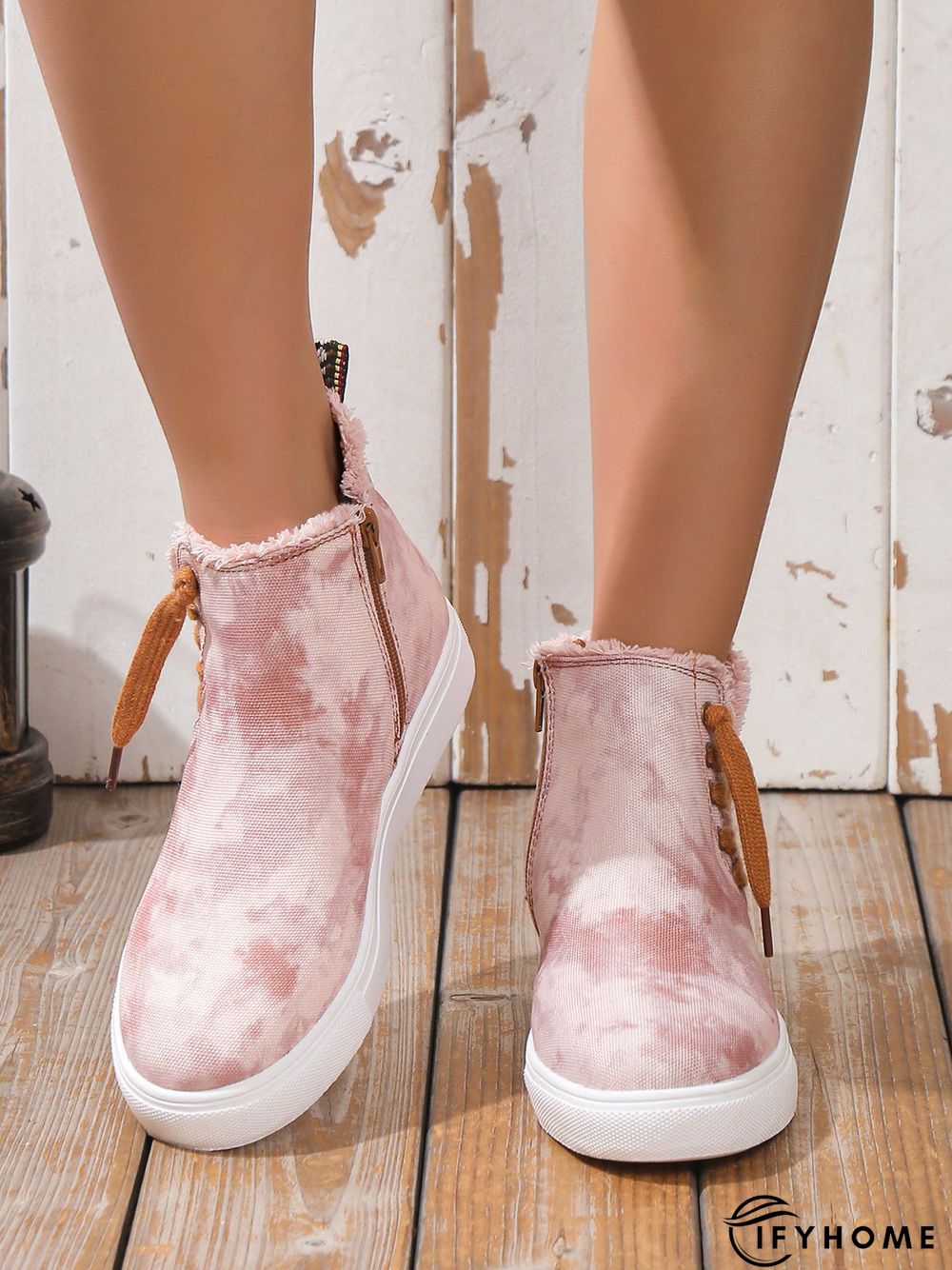 Casual Lace-up Decor Fringe High Top Canvas Shoes with Side Zip | IFYHOME