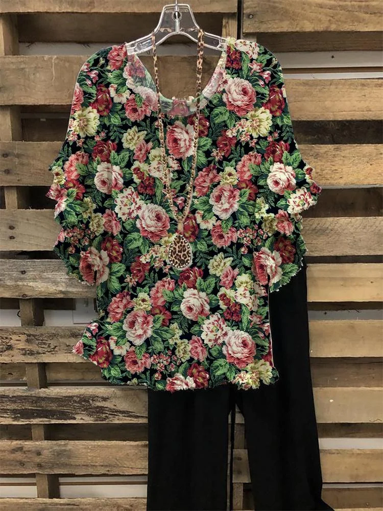 Women's Casual Art Style Floral Print Round Neck Half-sleeve T-shirt