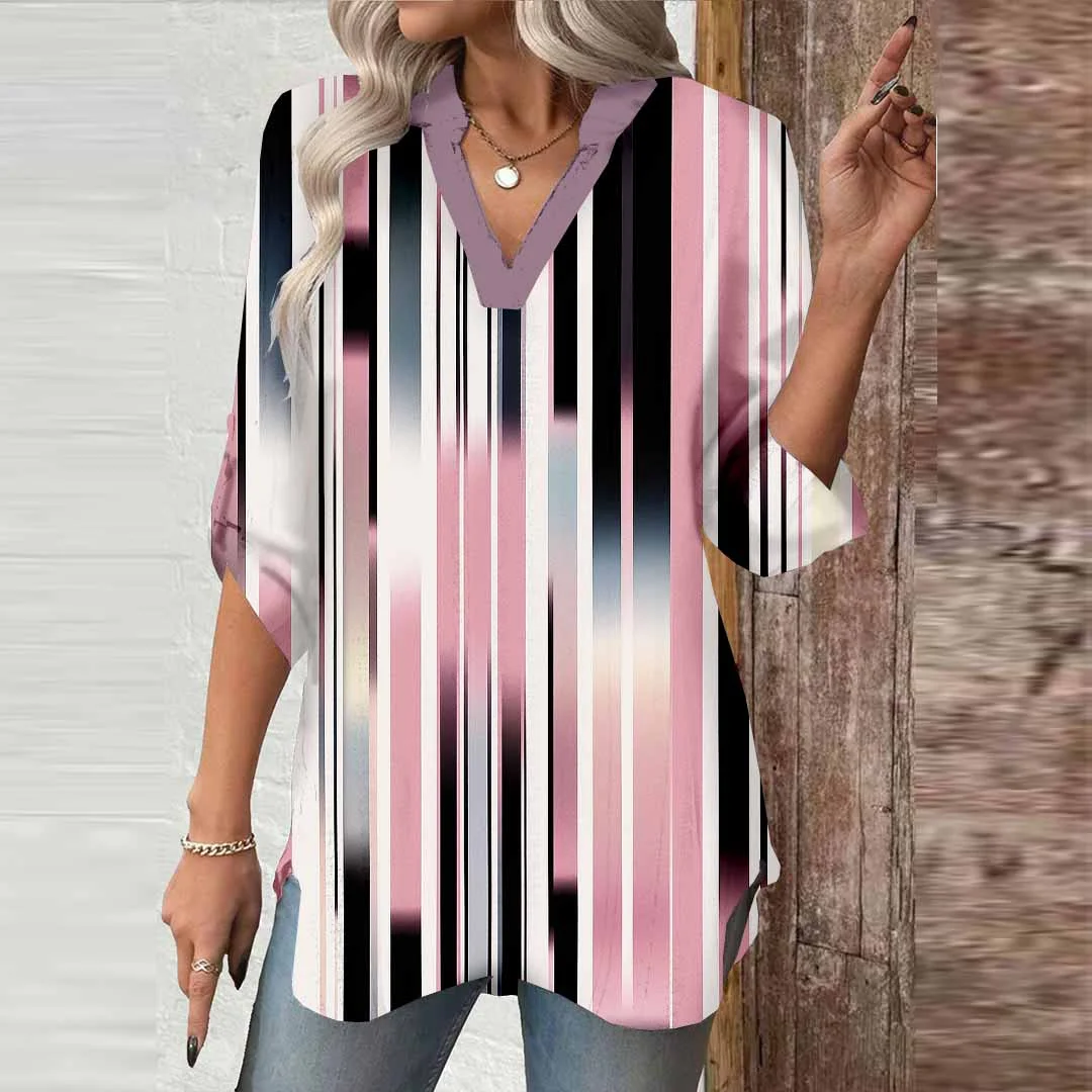 Women Striped,Pink,Black DZGA0715 3/4 Sleeve V-neck Printed Graphic Button Tops