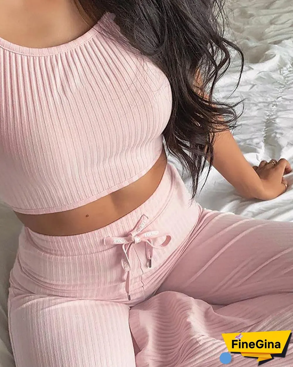 Solid Crop Top & Bell-bottom Drawstring Pant Set P15112