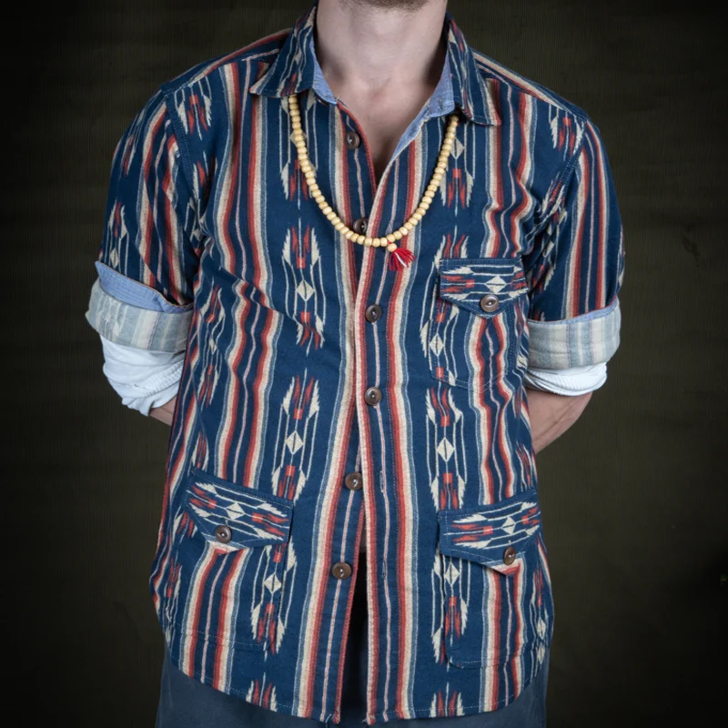 Vintage Ethnic Print Point Collar Work Shirt
