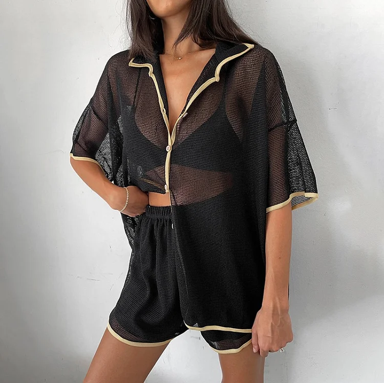 Vintage Patchwork See-Through Short Sleeve Shirt and Shorts Set