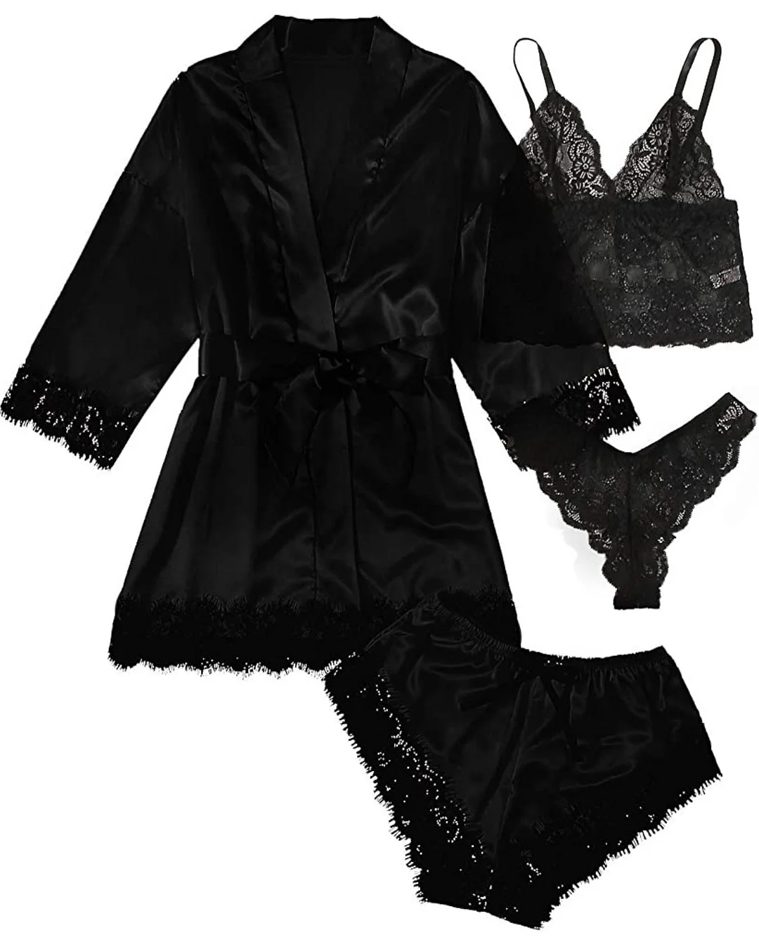 Brownm 2021 New Ladies Pajamas Four-Piece Sexy Sling Skirt Set Home Lace Pajamas Set