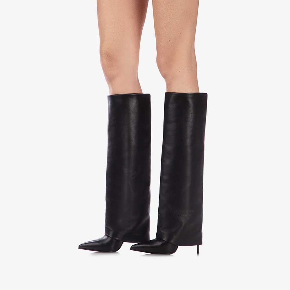 Black Pointed Toe Stiletto Heel Fold Over Wide Calf Knee High Boots Nicepairs