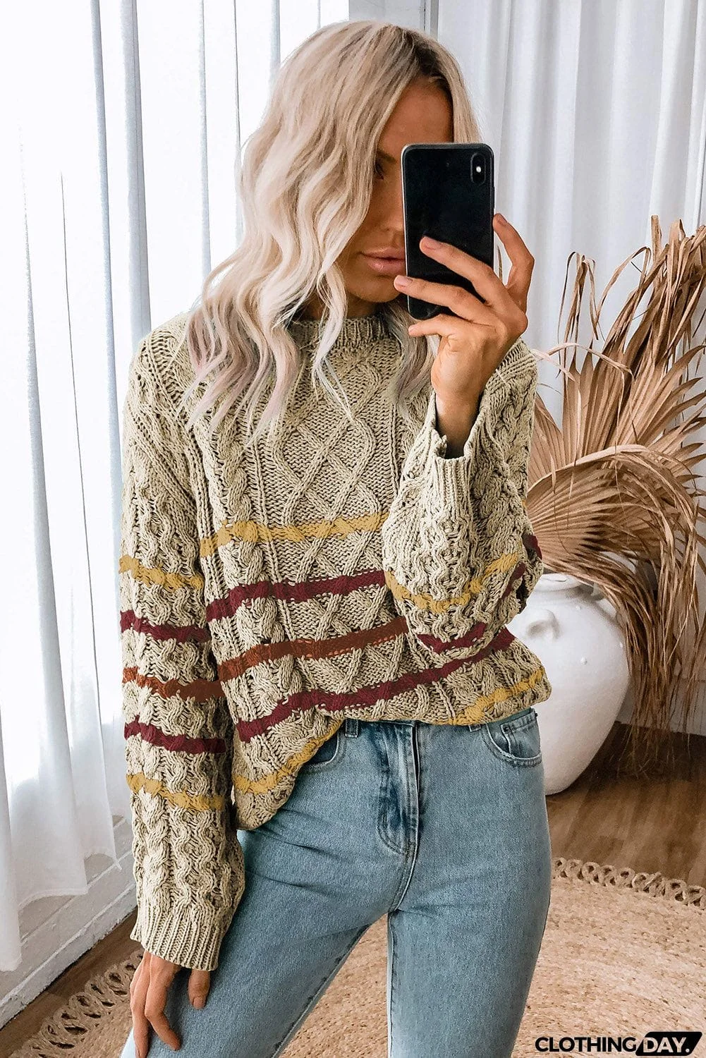 Striped Color Block Textured Knit Pullover Sweater