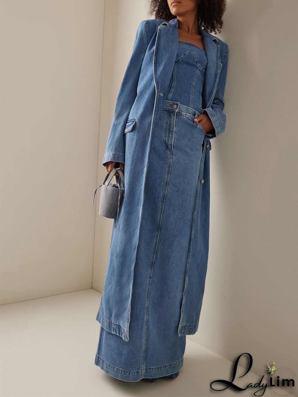 Daily Lapel Collar Floral Long Blazers Denim Trench Coat
