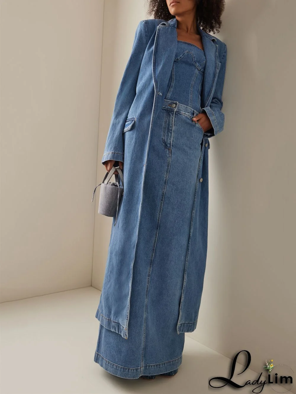 Daily Lapel Collar Floral Long Blazers Denim Trench Coat