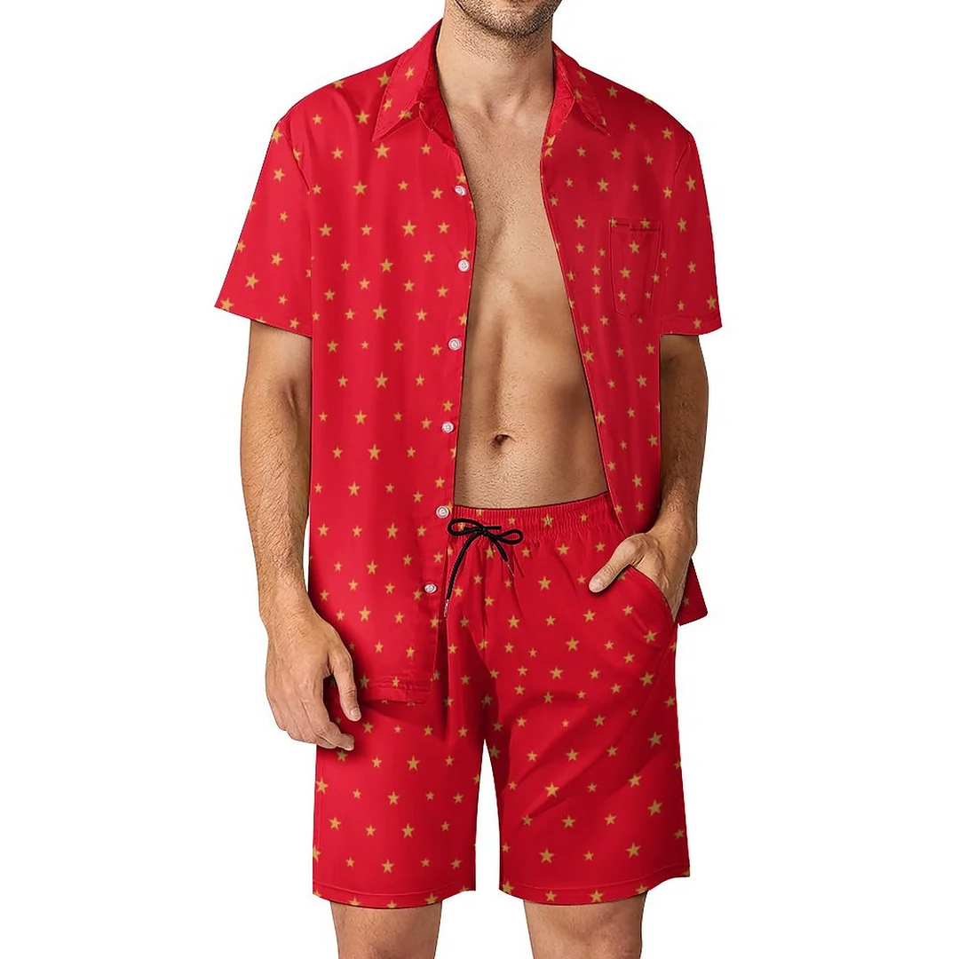 Golden Stars On Red Men Hawaiian 2 Piece Outfit Vintage Button Down Beach Shirt Shorts Set Tracksuit with Pockets