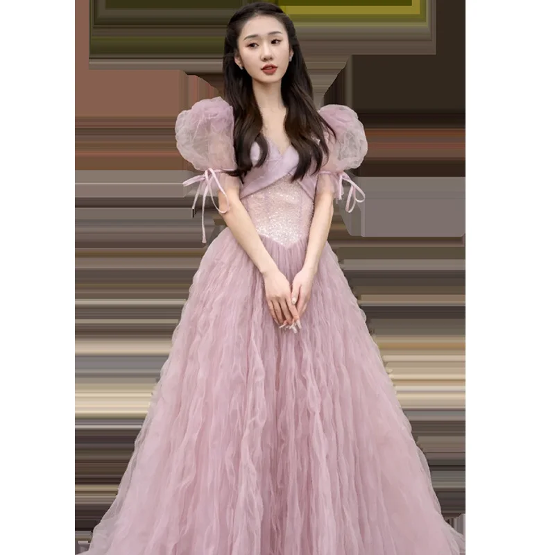 Brownm Pink Evening Dress Women's 2025 New Light Luxury Small Adult Lisson Princess Dress Bubble Sleeves