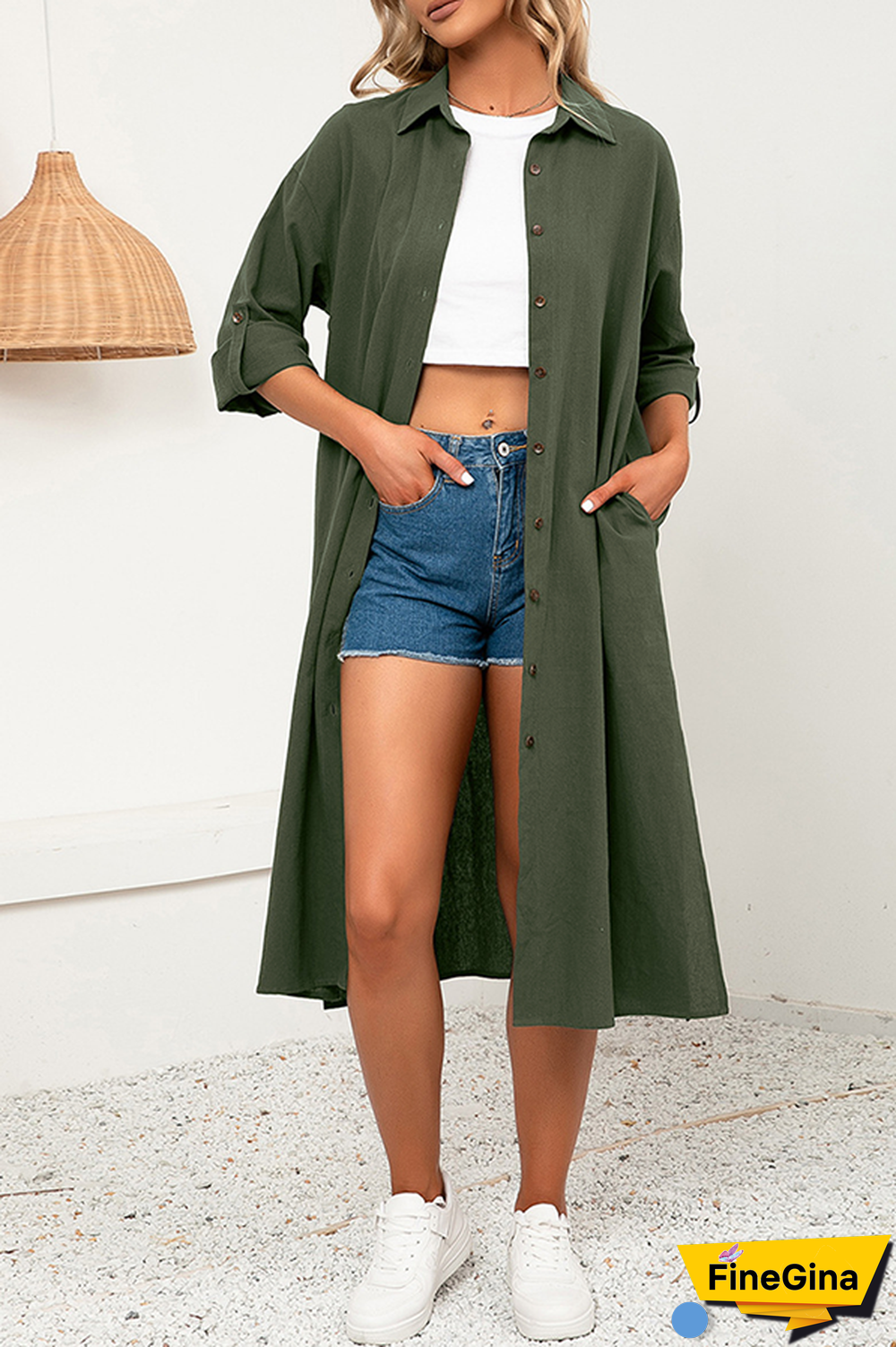 Casual Solid Split Joint Buckle Turndown Collar Shirt Dress Dresses
