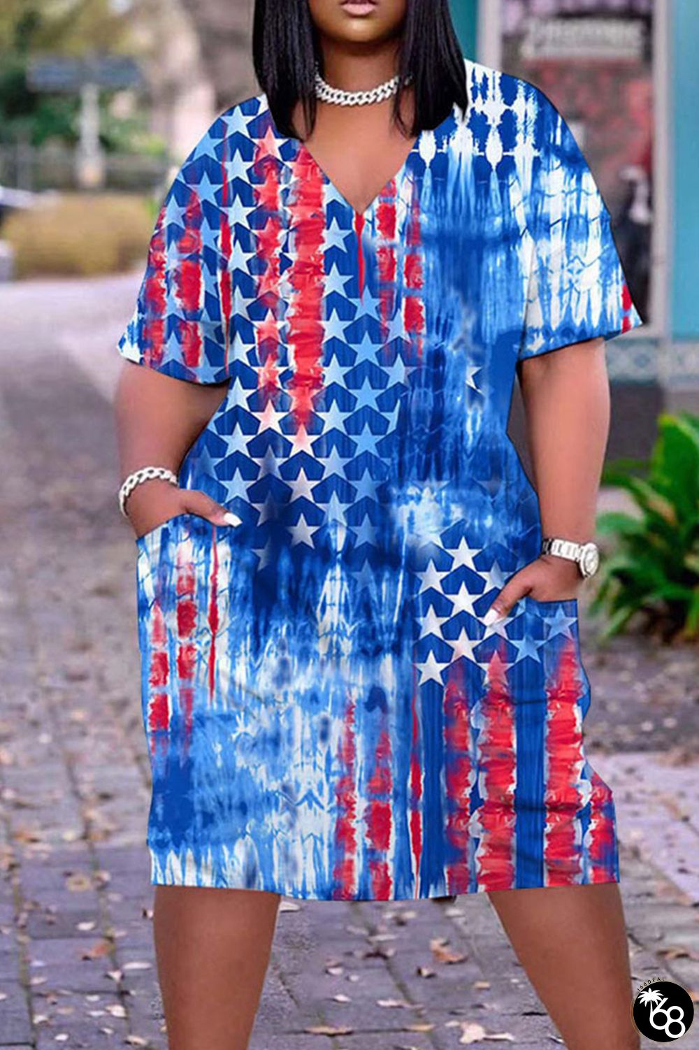 Blue Fashion Casual Print Patchwork V Neck Plus Size Dresses | 168DEAL