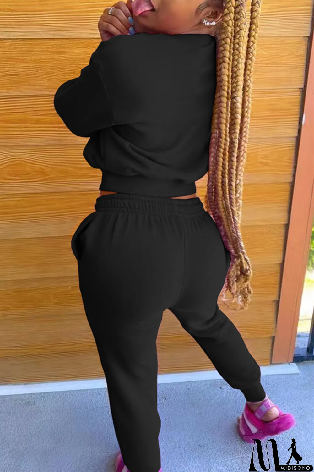 MidiSono - Black Fashion Casual Solid Basic O Neck Long Sleeve Two Pieces