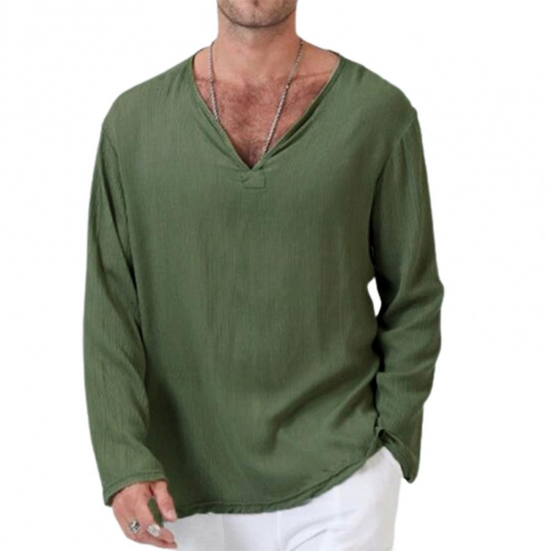 Casual Long Sleeve Loose Solid Cotton Linen T-shirts For Men-VESSFUL