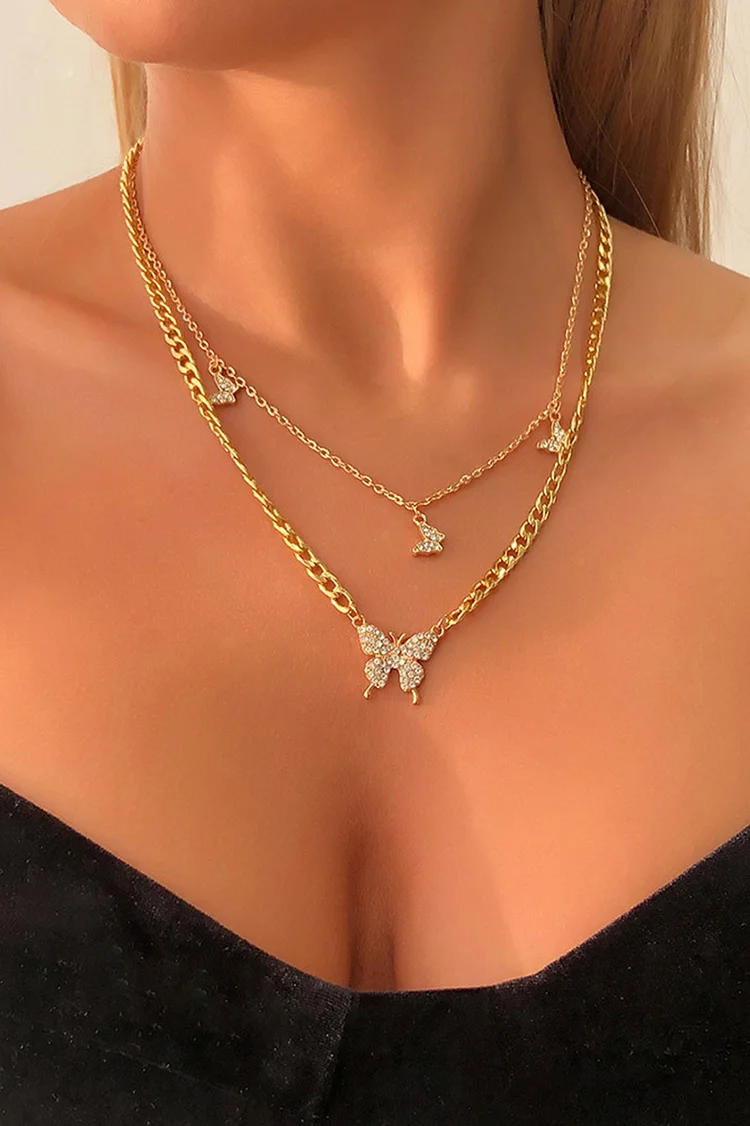 Fashion Gold Butterfly Shiny Double-layer Clavicle Chain Necklace