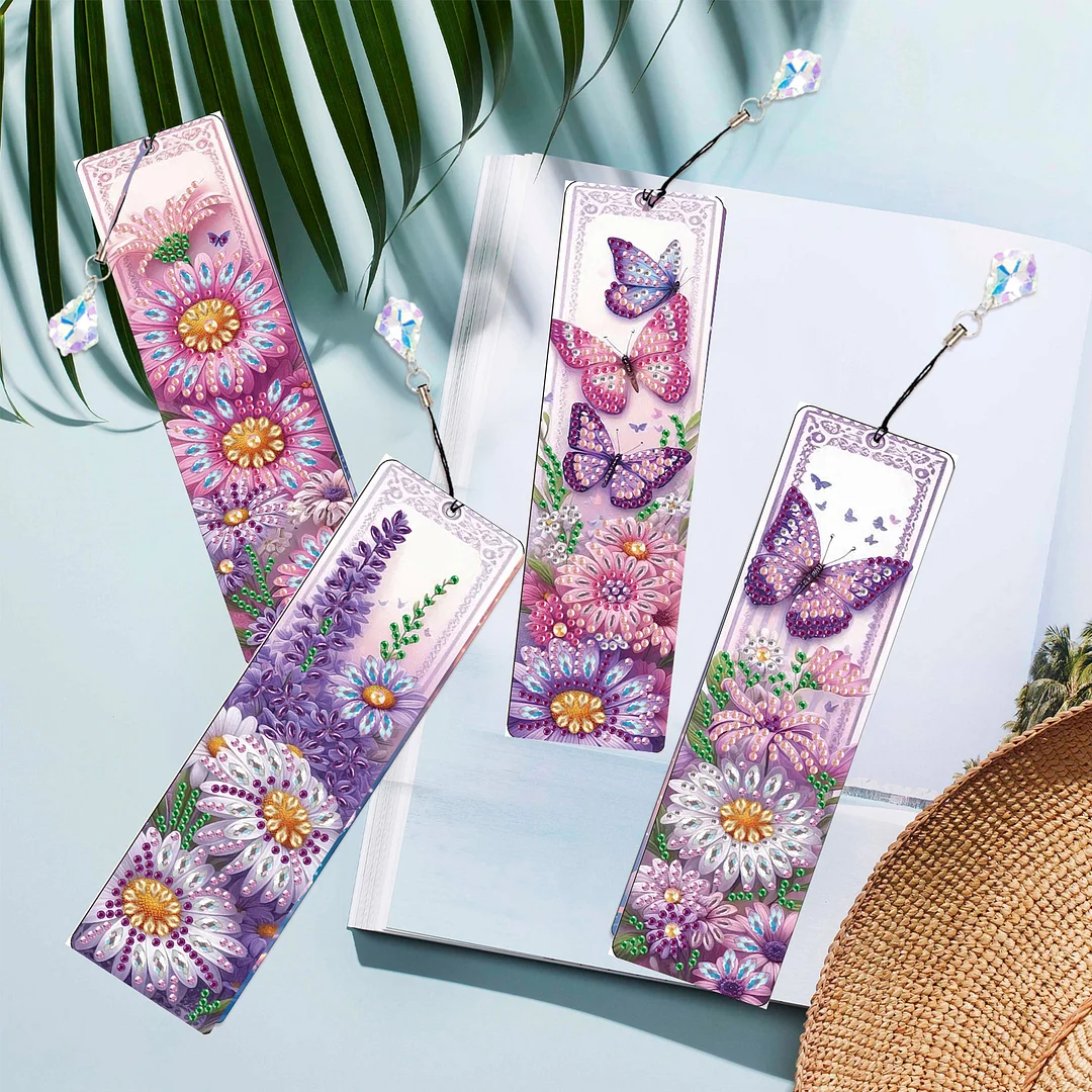 4Pcs Daisy and Butterfly DIY Diamond Bookmark Art Projects Irregular Shaped Diamonds Diamond Painting Art Bookmarks with Crystal Pendants for DIY Making Beginners Adult Art Craft Supplies