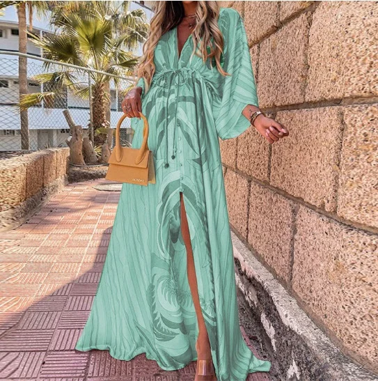 Beach Style Women Autumn Long Sleeve Elegant Party Dress Sexy Lady Deep V Neck Split Long Dress Retro Flower Print Loose Vestido