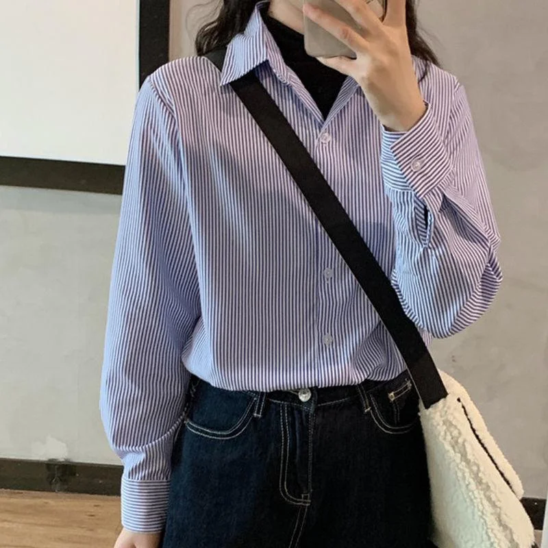 Uveng Uveng Spring And Autumn New Long-Sleeved Striped Shirt Female Korean Version Of Loose Large-Size Bottom Shirts Thin Professional Shirt