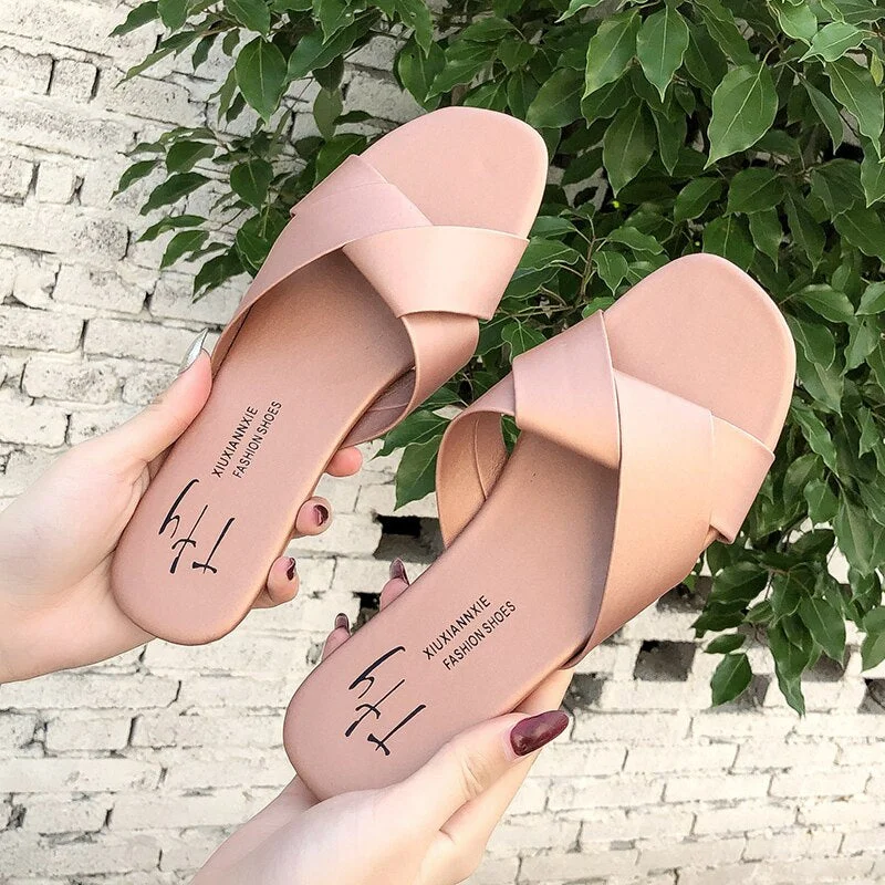 Cute Wild trend Simple Young Women White Slippers Fashion Flats Open Toe Summer Slippers Slides Women Casual Shoes Solid