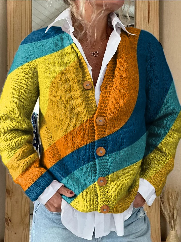 Geometry Abstract Patchwork Colors Print Buttoned Cardigan Sweater