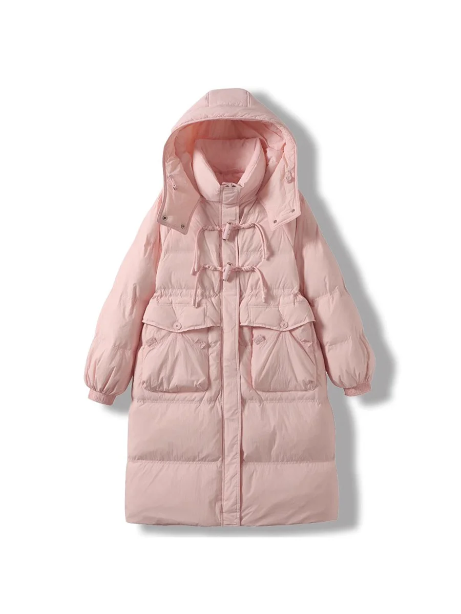 Woherb Korean Sweet Bamboo Buckle Down Jacket Female Long 2024 Winter New Hat Over The Knee Thick Warm Coat-Outfit Ideas