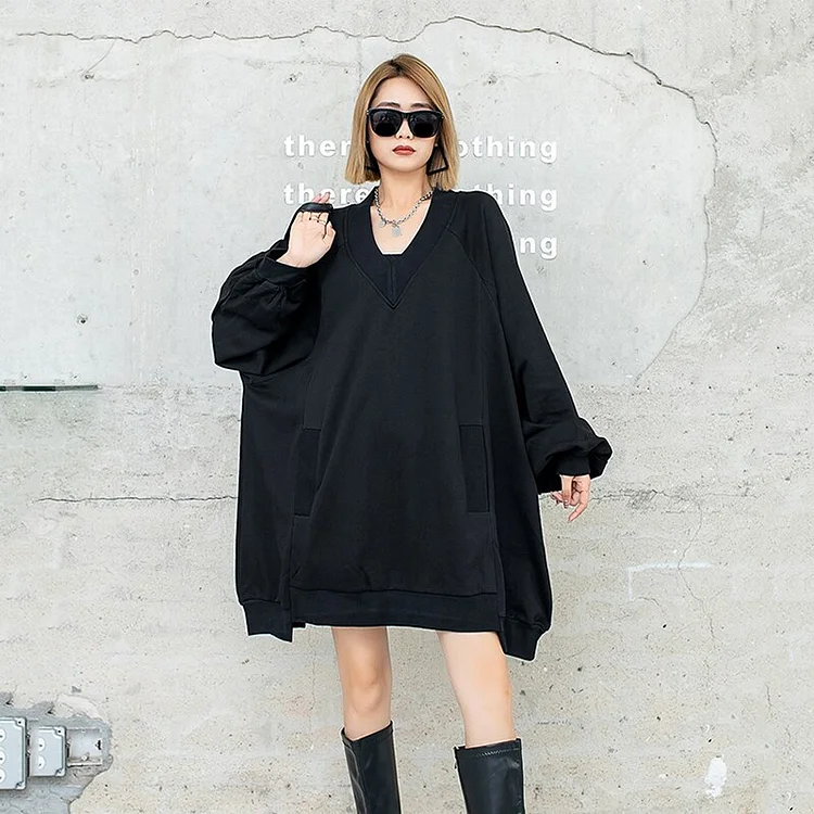 Simple Loose Black V-neck Long Sleeve Pockets Sweatshirt 