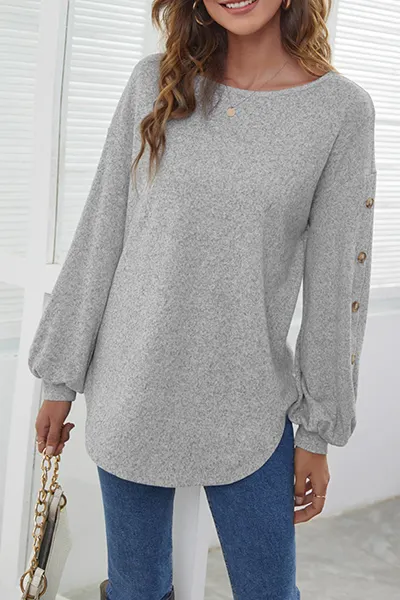 Casual Solid Buckle O Neck Tops(3 Colors)
