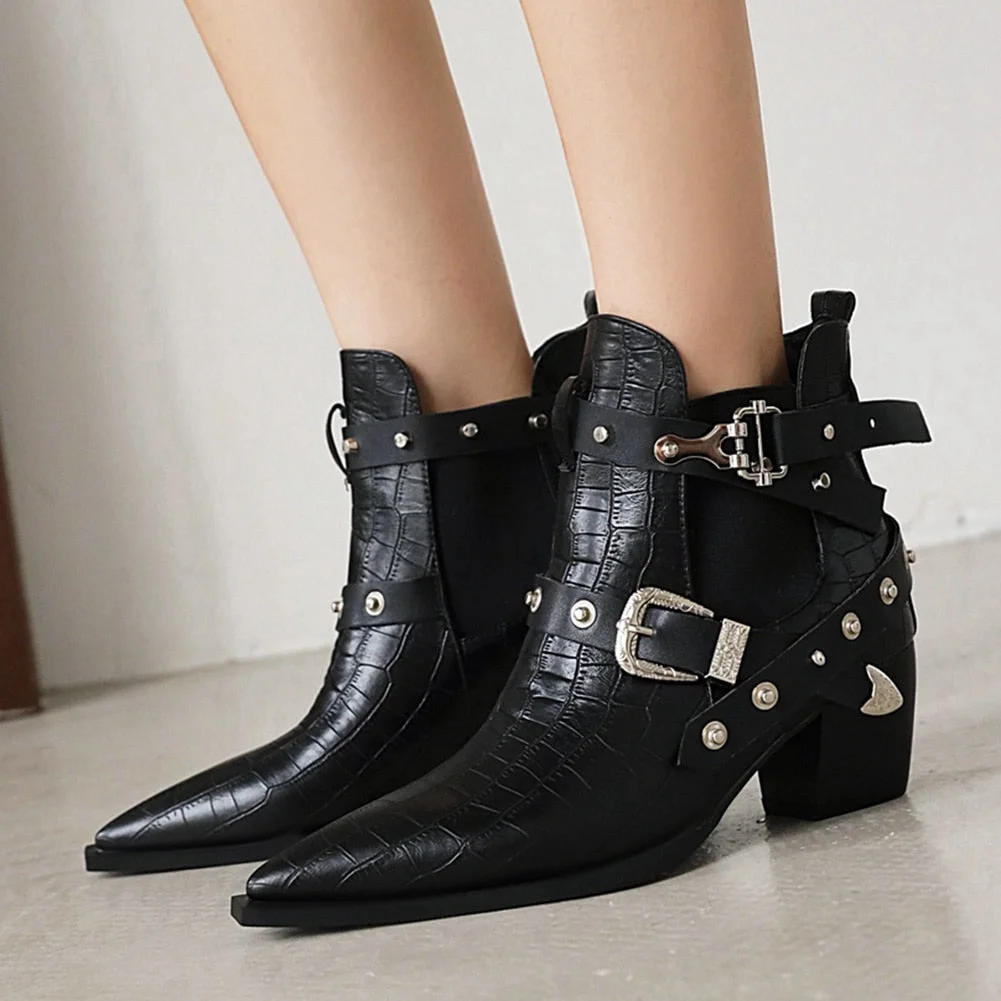 Vstacam Plus Size 34-50 New Ladies Chunky High Heels Ankle Boots Pointed Toe Buckle Rivet Boots Women Party Ol Woman shoes