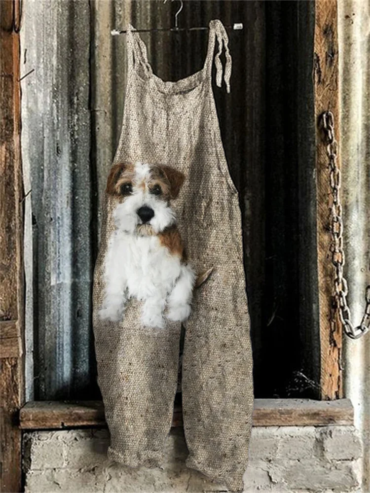 Fuzzy Jack Russell Terrier Plush Dog Linen Blend Jumpsuit