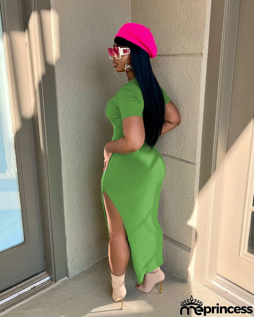 Solid Ribbed Short Sleeve High Split Midi Dress