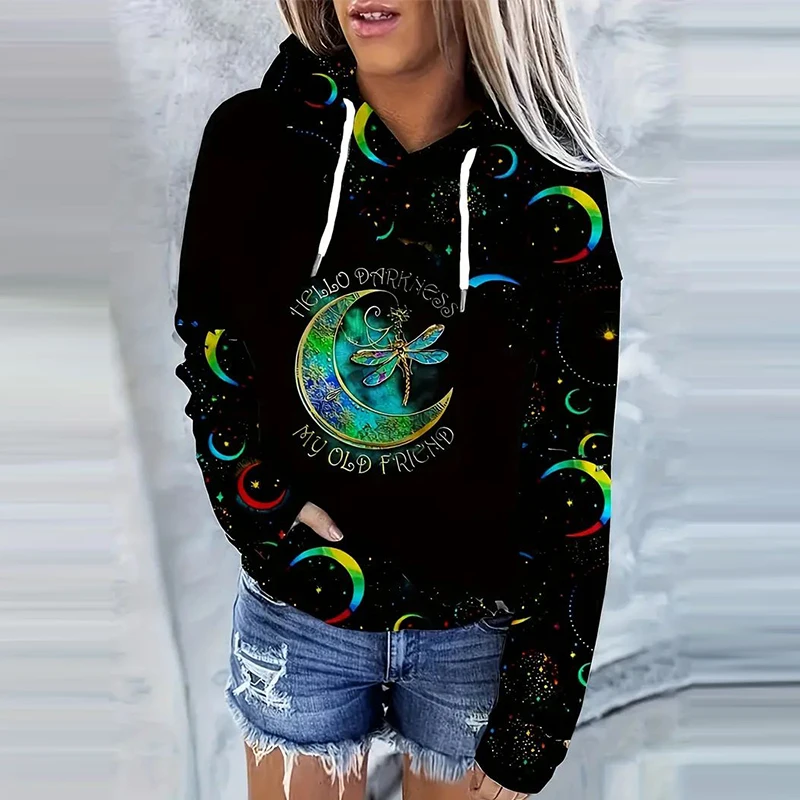 Spinkrin first day of school Moon Print Drawstring Hoodie Casual Long Sleeve Hooded Sweatshirt Women's Clothing Hoodies
