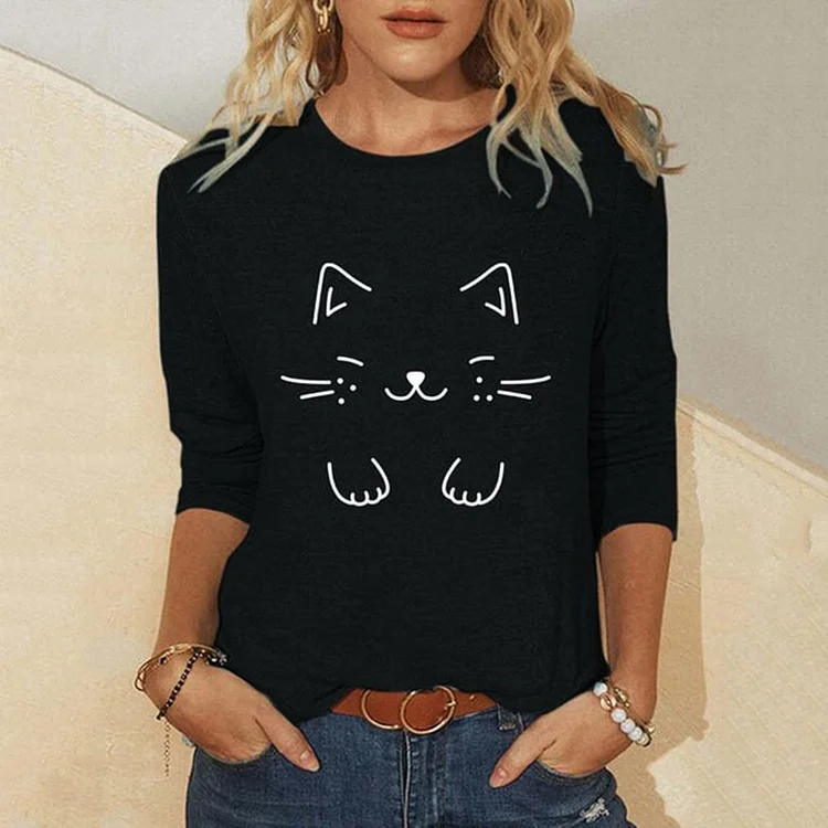 Simpfit Langärmliges T-Shirt mit Rundhalsausschnitt und Katzenmuster