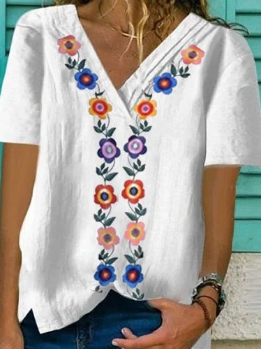 Bestdealfriday Cotton Blend Floral V Neck Short Sleeve Shirts Tops 9344965