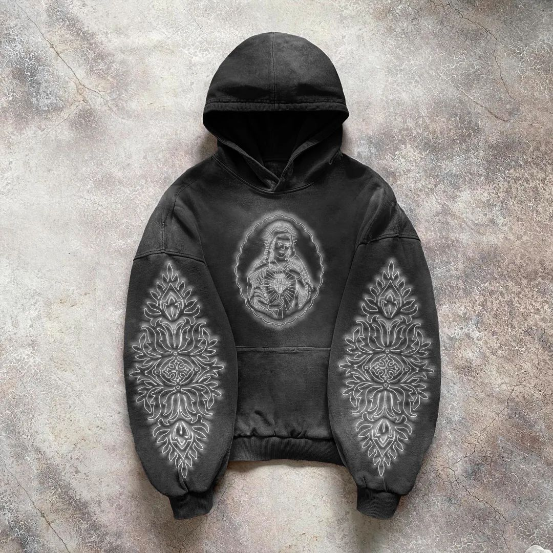 Sopula Vintage Saint Print Acid Washed Oversized Hoodie - SOPULA