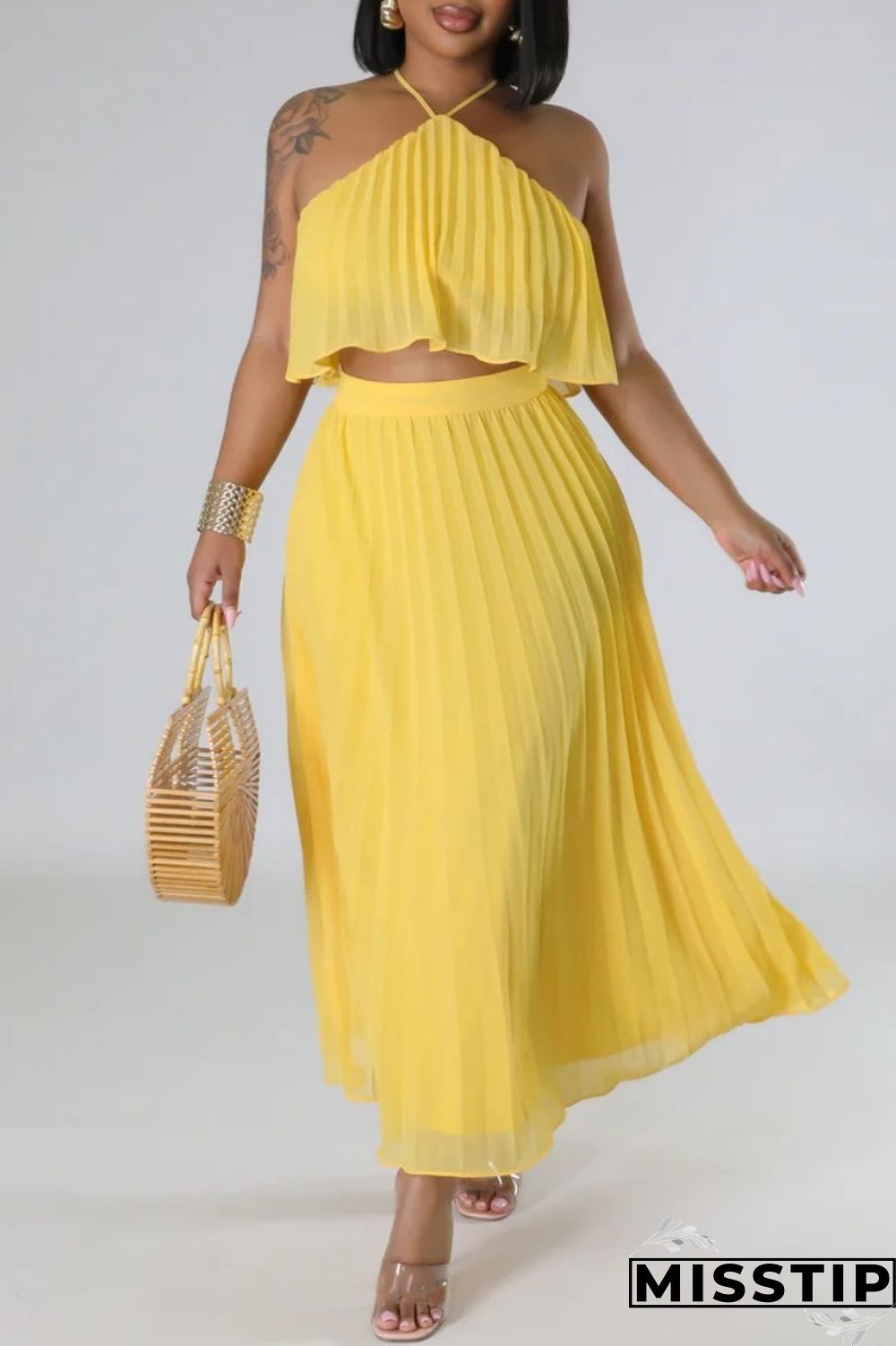 Mint green Casual Solid Bandage Backless Pleated Halter Sleeveless Two Pieces