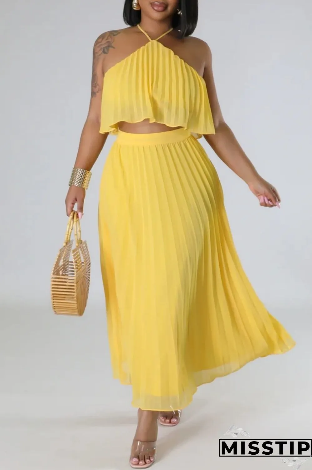 Mint green Casual Solid Bandage Backless Pleated Halter Sleeveless Two Pieces