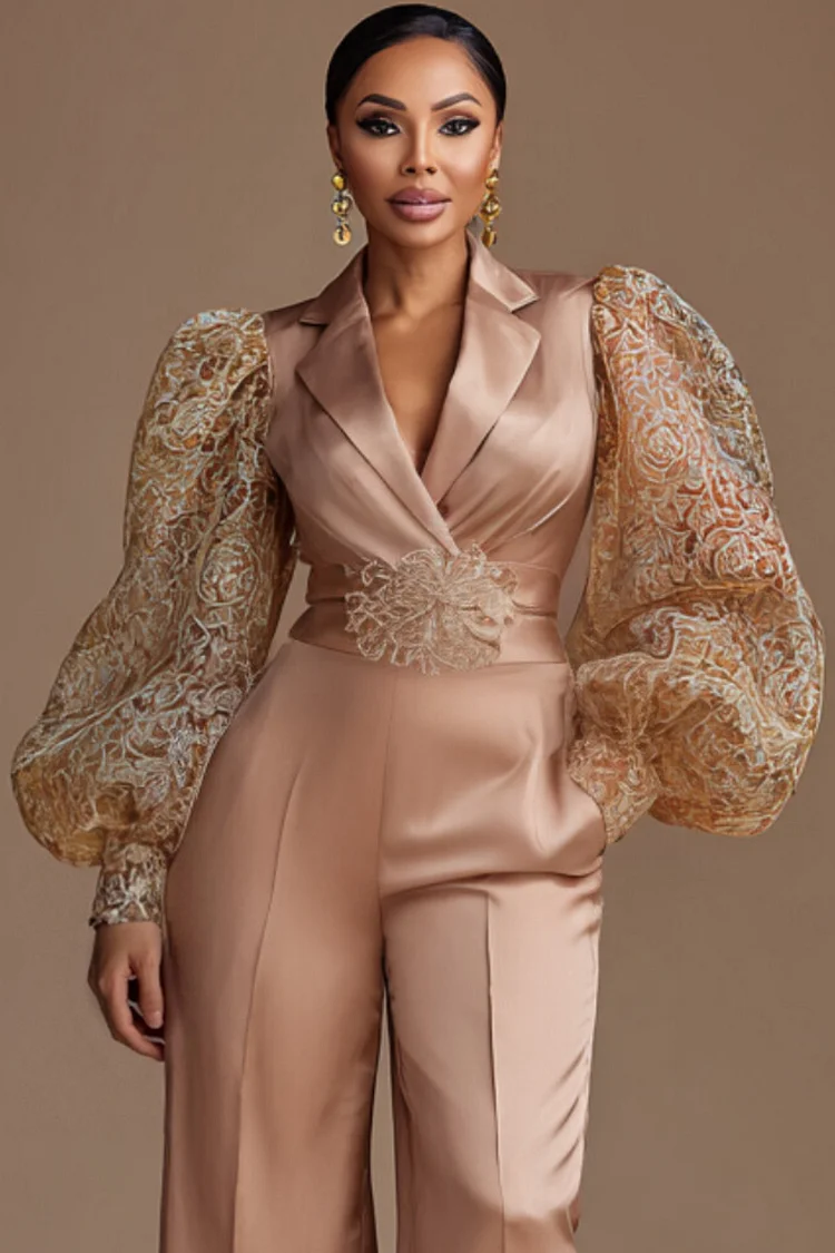 Xpluswear Design Plus Size Mother Of The Bride Tulle Champagne Turndown Collar Long Sleeve Pocket Elegant Satin Jumpsuits [Pre-Order]