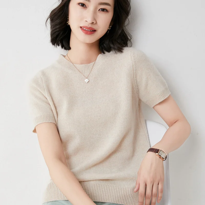 Churchf Churchf Female Round Collar Loose T-Shirt Inside Build Sweater Spring Autumn Base Outside Wear Short Sleeve Hair