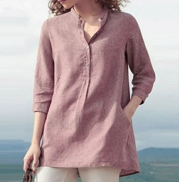 Women's Solid Color Three-quarter Sleeve Stand Collar Cotton Linen Casual Pullover Shirt