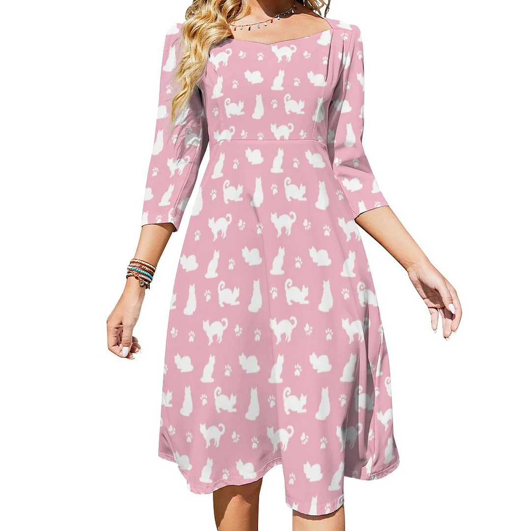 White Cats And Paw Prints On Pink Dress Sweetheart Tie Back Flared 3/4 Sleeve Midi Dresses