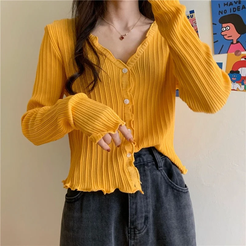 Korean Short Sweater Women V-Neck Knitted Cardigan 2021 Fashion Single Breasted Women Elasticity Cropped Cardigan Sweater Female