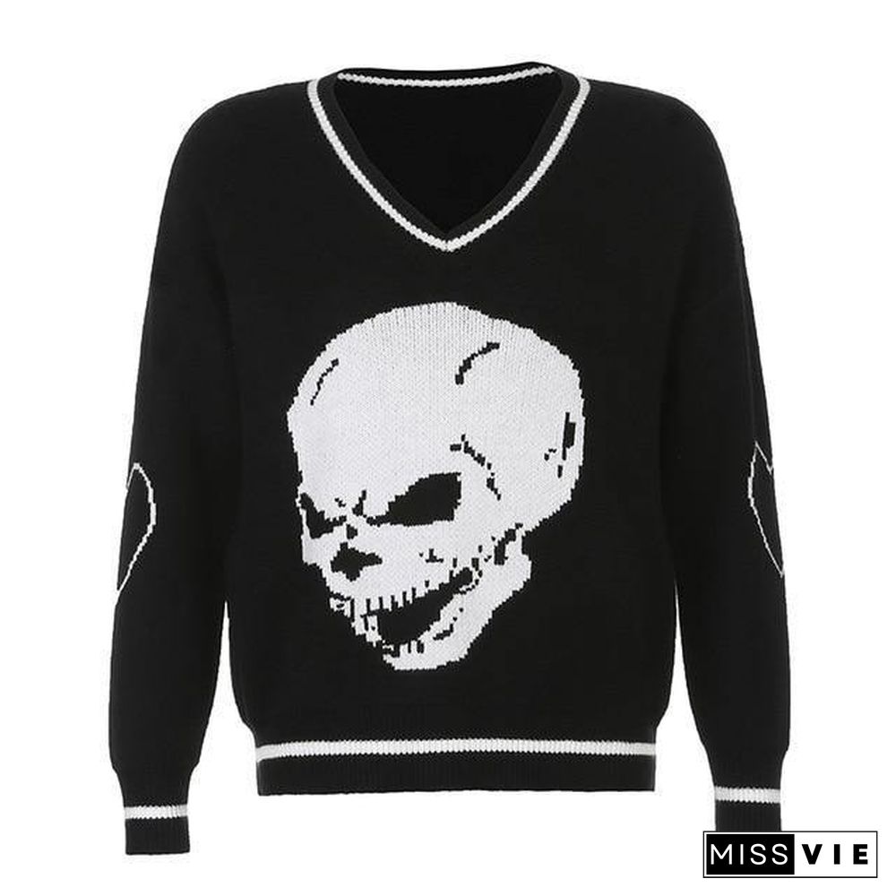 Rapcopter Y2K Sweaters Skulls Pullovers V Neck Knitwear Loose Casual Knitted Tops Women Streetwear Retro Tops Blue Autumn