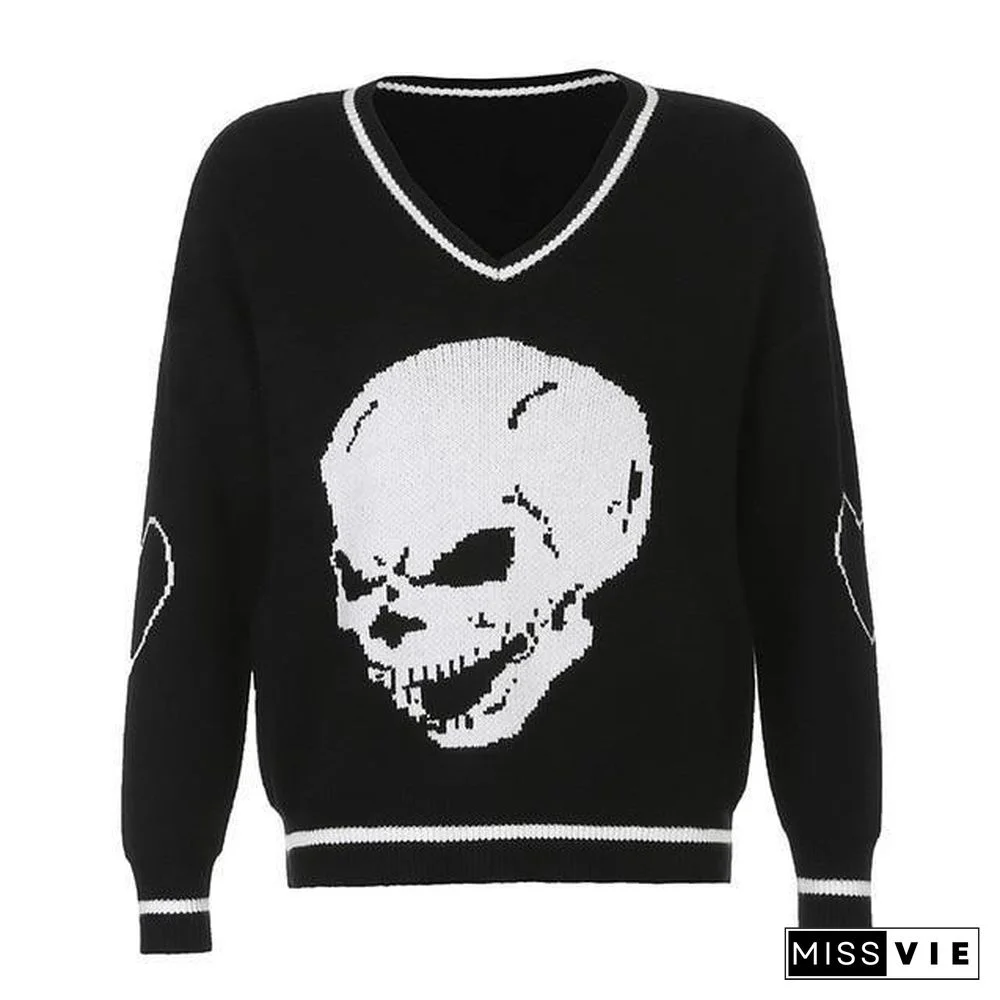 Rapcopter Y2K Sweaters Skulls Pullovers V Neck Knitwear Loose Casual Knitted Tops Women Streetwear Retro Tops Blue Autumn