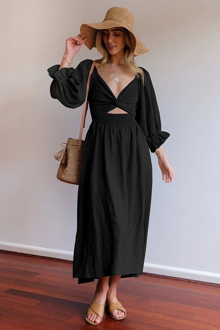 Ruched Stretchy Ruffle Sleeve Pleated Midi Dresses