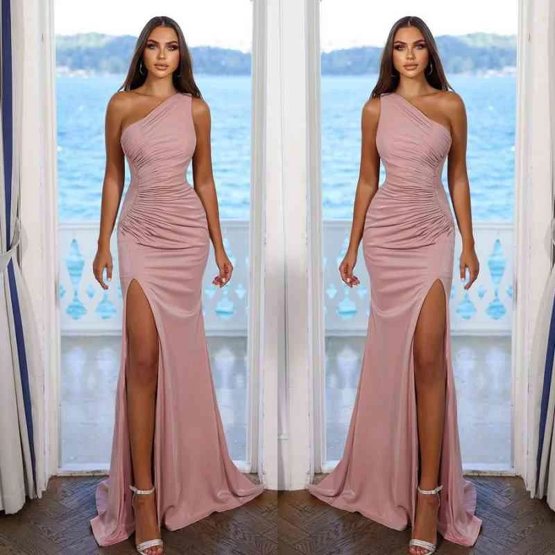 Daisda Simple Pink One Shoulder Prom Dress With Split