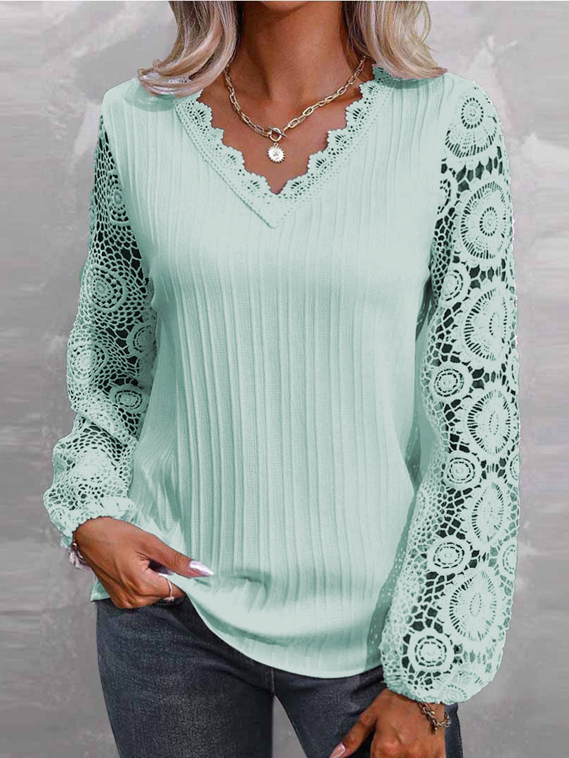 Women Long Sleeve V-neck Solid Lace Tops