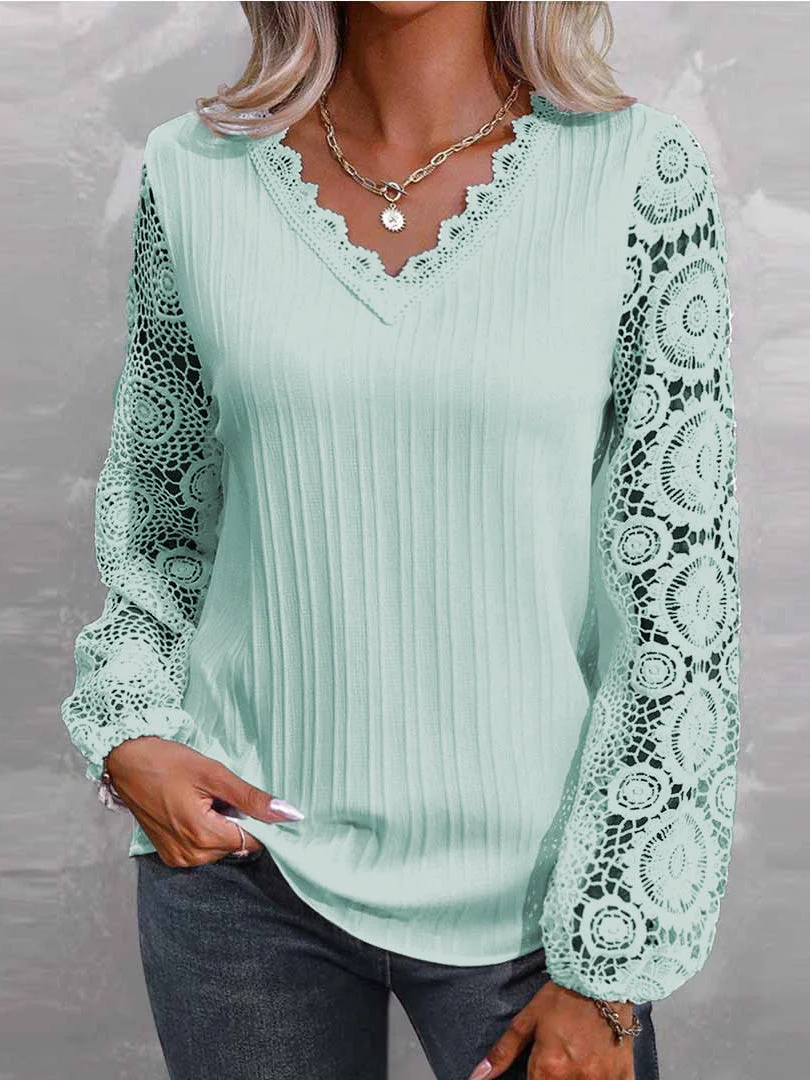 Women Long Sleeve V-neck Solid Lace Tops