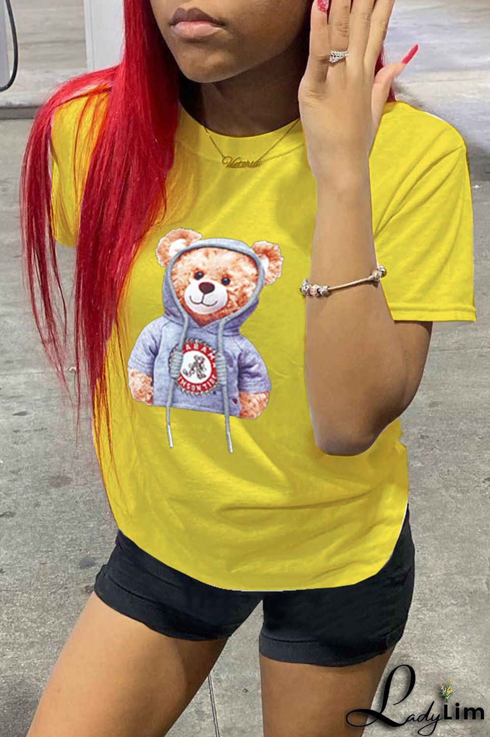 Yellow Fashion Casual Cartoon Print Basic O Neck T-Shirts