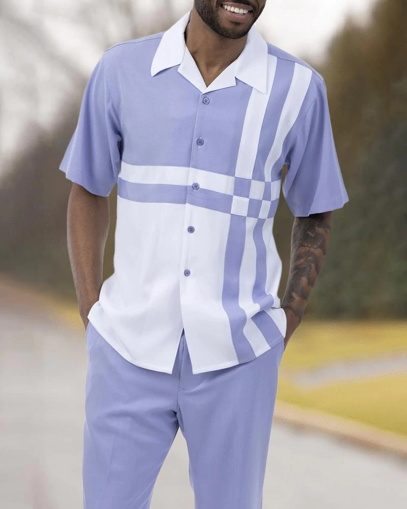 Men's 2 Piece Short Sleeve Walking Suit With Long Pants Tetris Color Block in Grey