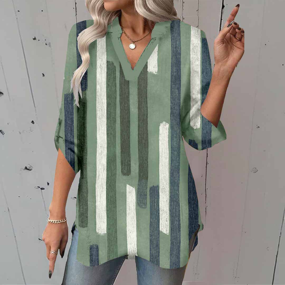 Women Striped, Green,Ladynora DZGA0064 3/4 Sleeve V-neck Printed Graphic Button Tops