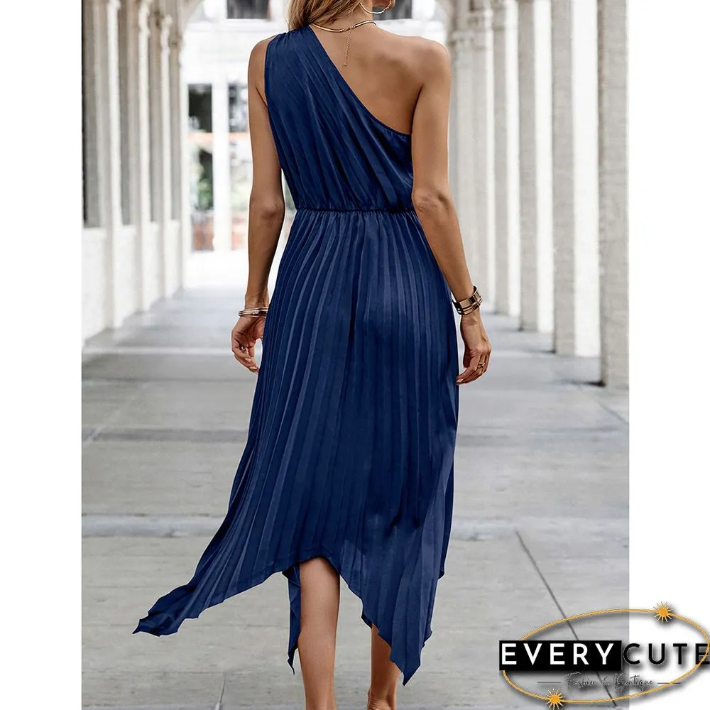 Navy Blue One Shoulder Irregular Pleat Casual Dress